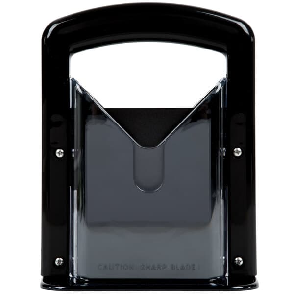 A black plastic Baker's Mark bagel slicer with a handle.