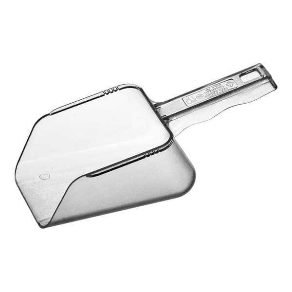 A clear plastic utility and ice scoop with a handle.