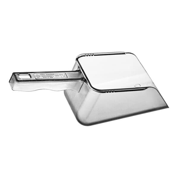 A clear plastic utility and ice scoop with a handle.