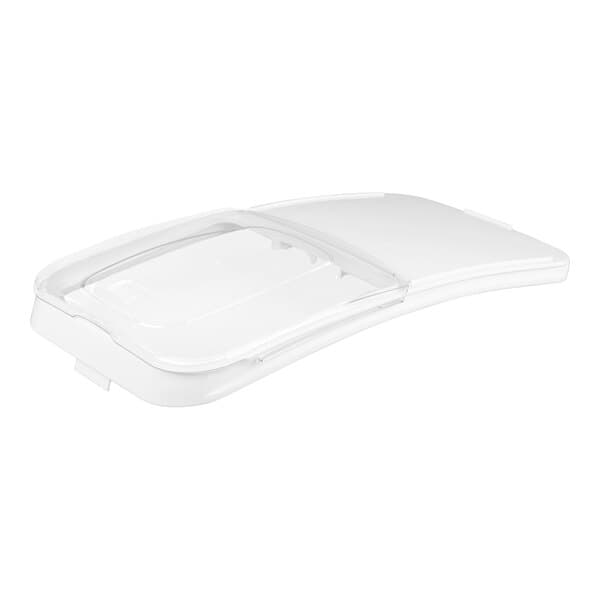 A white plastic lid for a Baker's Lane ingredient bin.