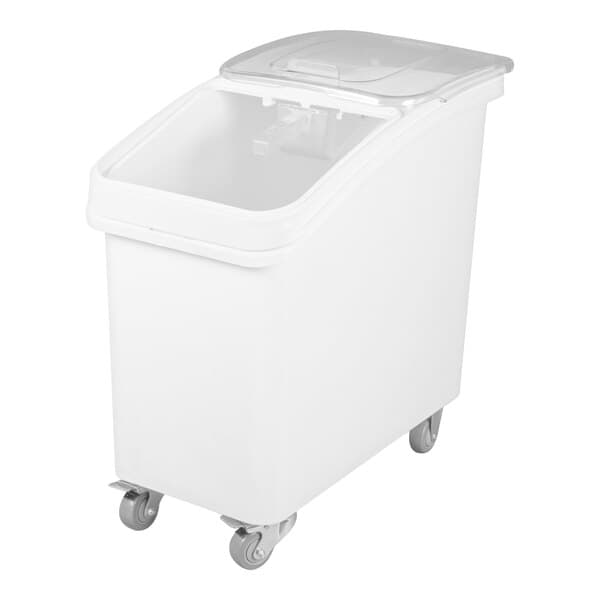 A white slant top mobile ingredient storage bin with a sliding lid and scoop, designed for bulk storage and easy access.
