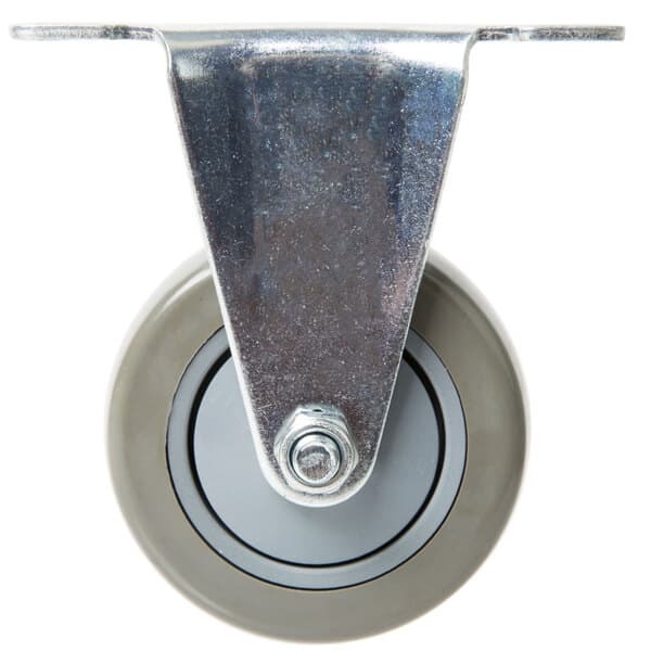 A Baker's Mark fixed plate caster with a metal wheel and metal plate.