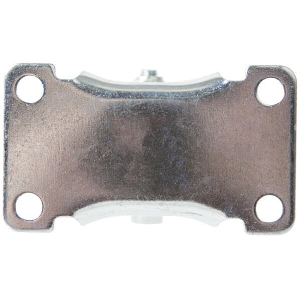 A close-up of a Baker's Mark 3" fixed plate caster metal bracket with two holes.