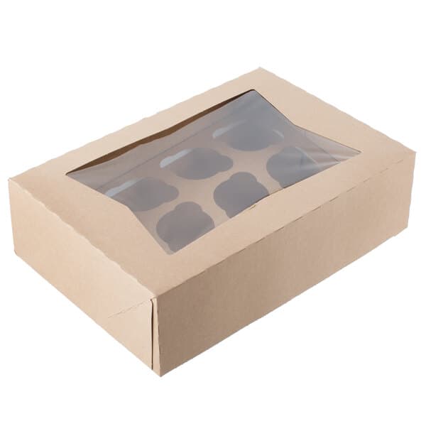 A brown Baker's Mark cupcake box with a clear window and 12 slots inside.