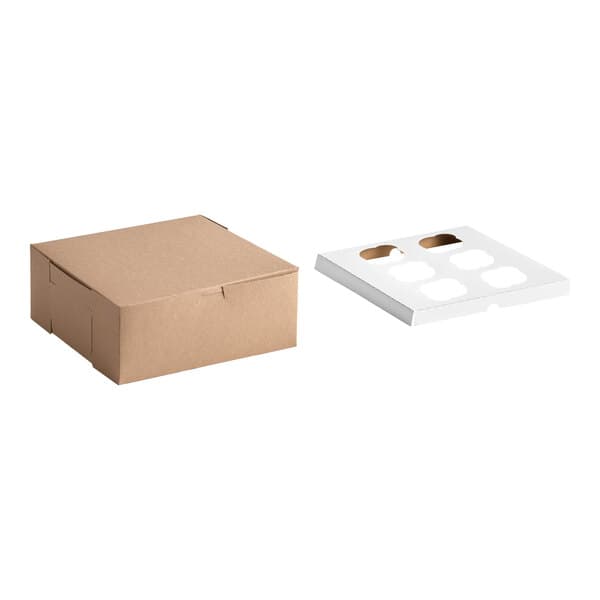 A kraft cupcake or muffin box with a separate reversible insert featuring six slots.