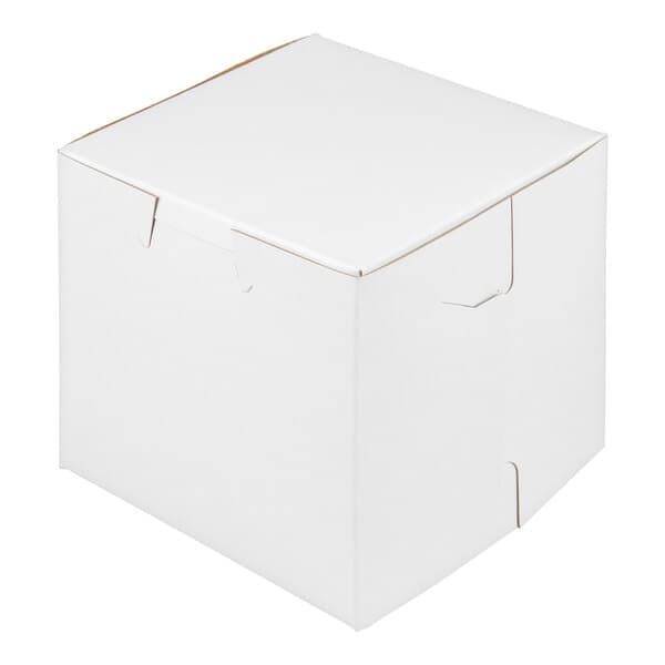 A white, square cupcake or muffin box with a fitted lid and slot insert.