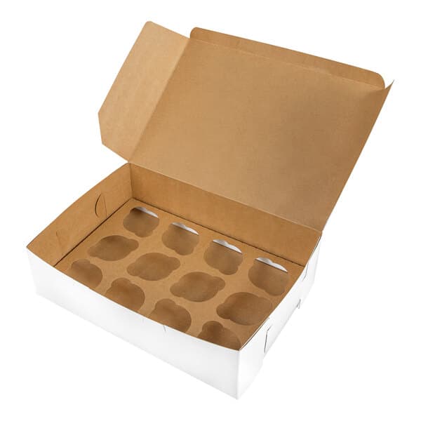 A white cupcake or muffin box with a 12-slot reversible insert and an open lid.