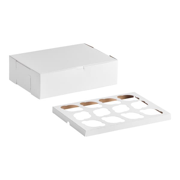 A white cupcake or muffin box with a separate 12-slot reversible insert for holding baked goods.