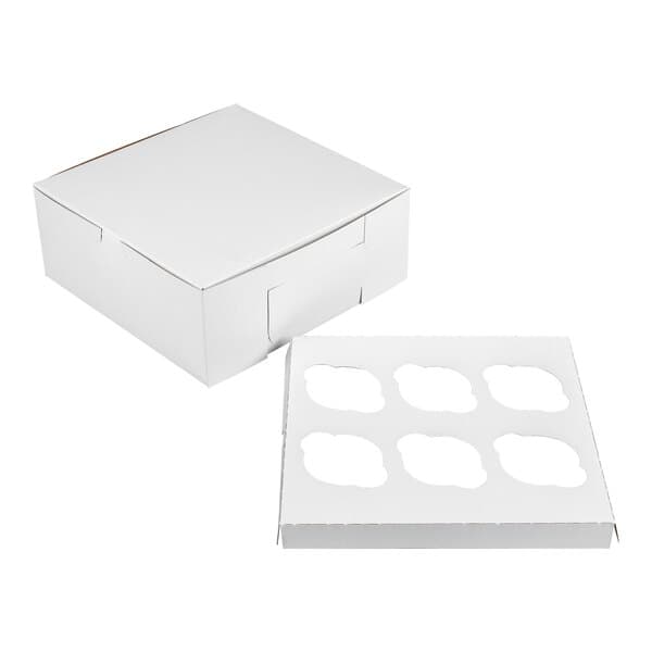A white cardboard cupcake or muffin box with a separate insert featuring six slots for holding individual cupcakes or muffins.