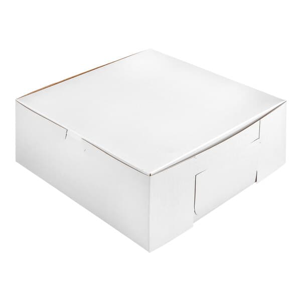 A plain white square cupcake or muffin box with a closed lid and a reversible insert for holding six items.