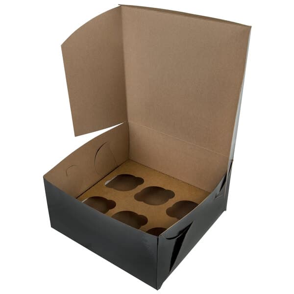 A black Baker's Mark cupcake box with a black and brown reversible insert with six cupcakes inside.