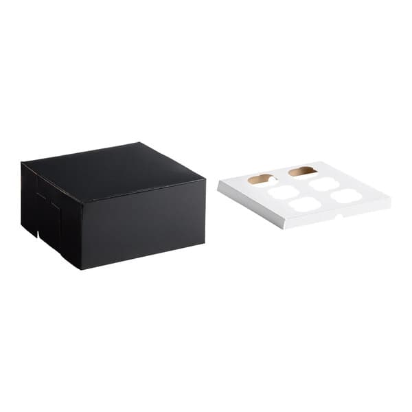 A black cupcake or muffin box with a separate white reversible insert featuring six slots.