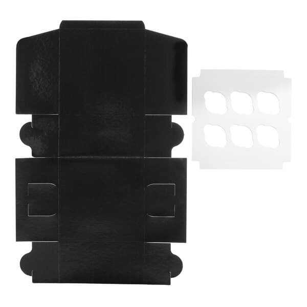 A flat black cupcake or muffin box with a separate white insert featuring six slots for holding cupcakes or muffins.