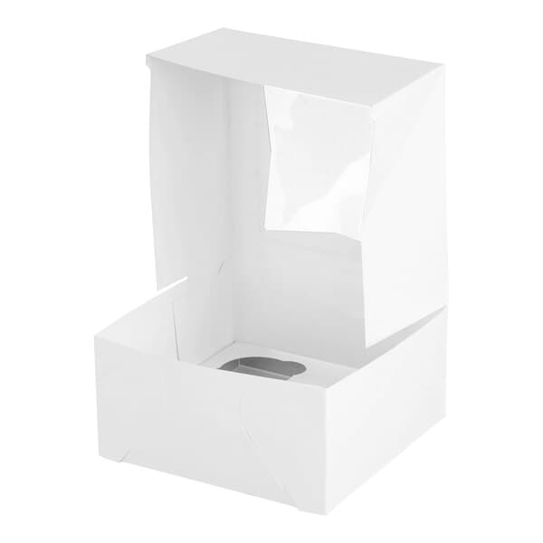 A white auto-popup cupcake or muffin box with a clear window and a four-slot reversible insert.