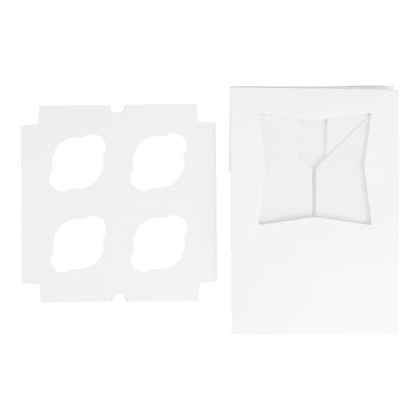 A white auto-popup cupcake or muffin box with a clear window and a four-slot reversible insert.