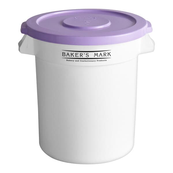 A white Baker's Mark ingredient storage container with a purple lid.