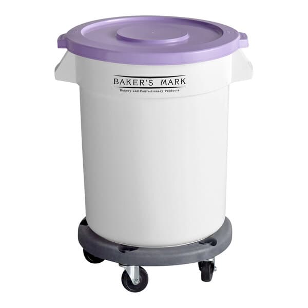 A white Baker's Mark ingredient storage container with a purple lid and wheels.