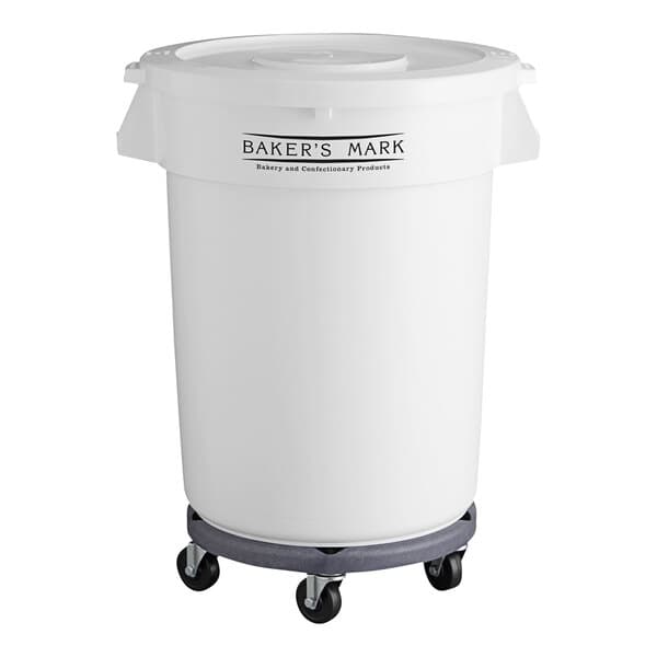 A Baker's Mark white round ingredient storage bin with a lid and wheels.