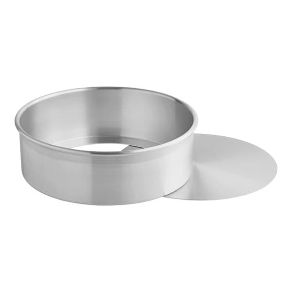 A silver circular Baker's Lane aluminum cheesecake pan with a removable bottom.