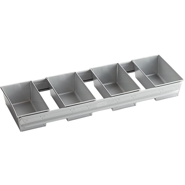 A silver metal Baker's Mark bread loaf pan with four compartments.