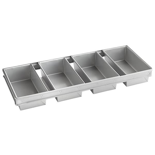 A Baker's Mark aluminized steel bread loaf pan with four compartments.