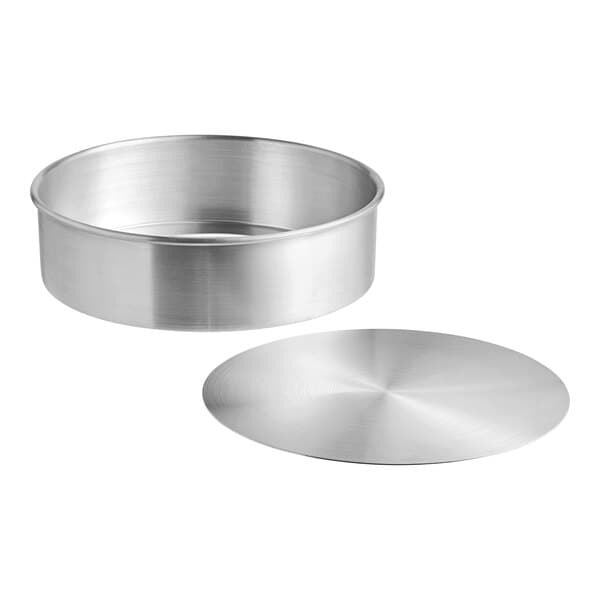 A round aluminum cheesecake pan with a removable bottom.