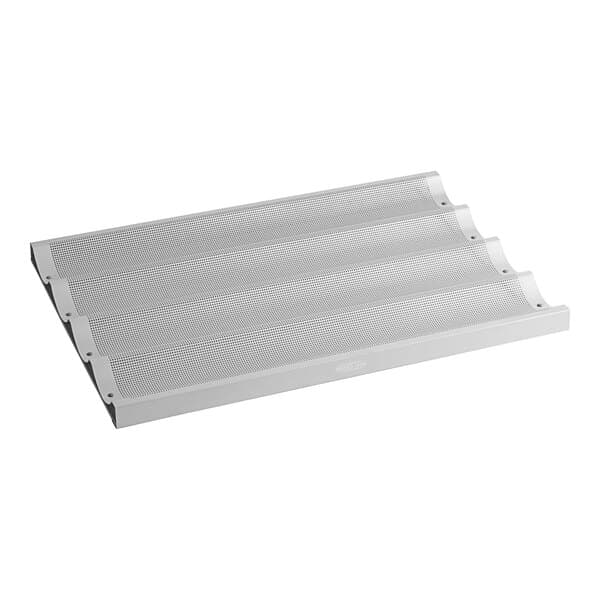 A white metal Baker's Lane pan with four long compartments.