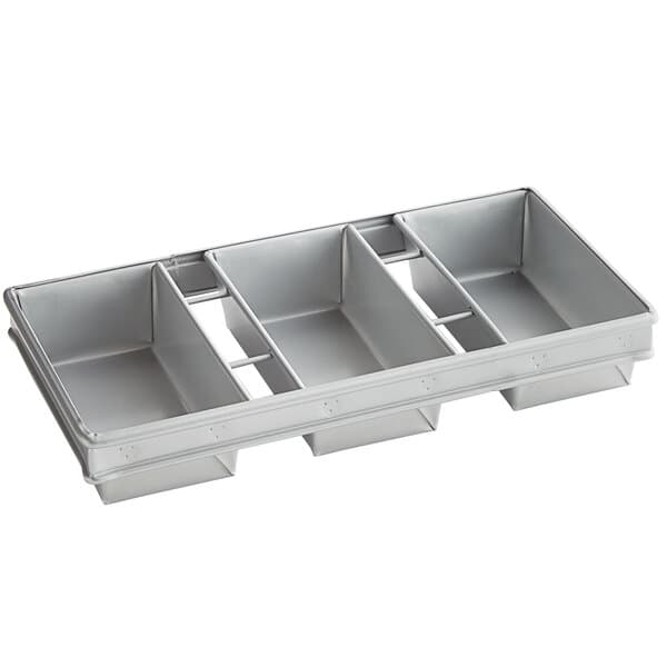 A silver metal Baker's Mark rectangular loaf pan with three straps and four compartments.