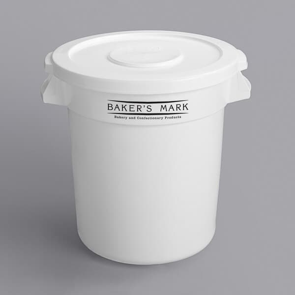 A white Baker's Mark round ingredient storage container with a white lid.