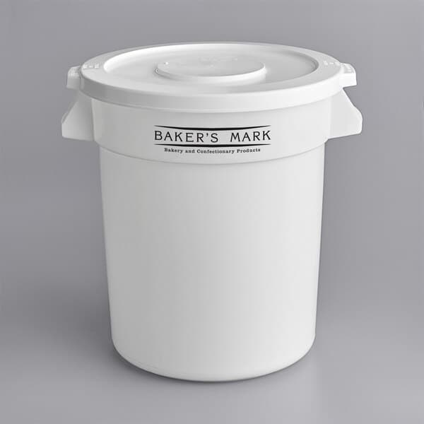 A white Baker's Mark round ingredient storage container with a white lid.