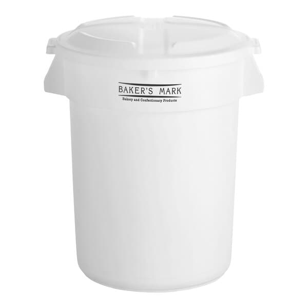 A large white round ingredient storage bin with a matching white lid labeled 'Baker's Mark.'