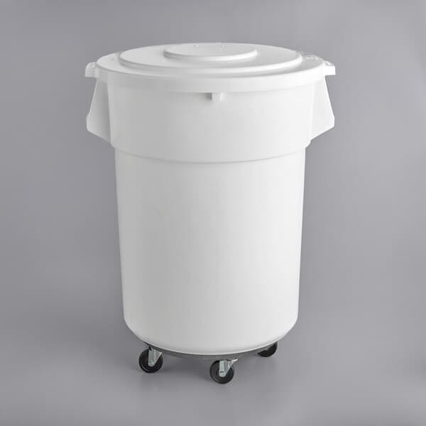 A white bucket on wheels with a lid.