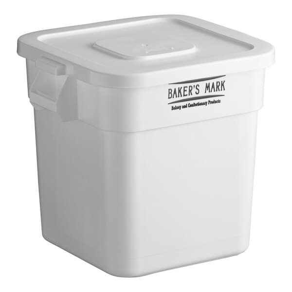 A white Baker's Mark plastic container with a lid.