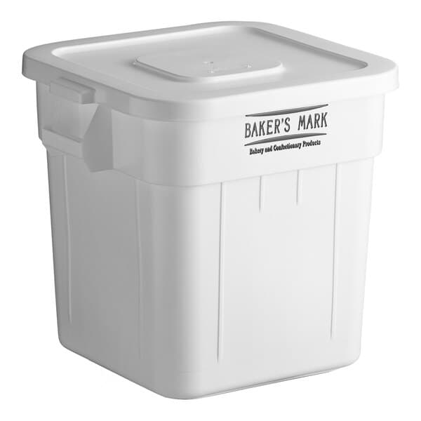 A white Baker's Mark flat top ingredient storage container with lid.