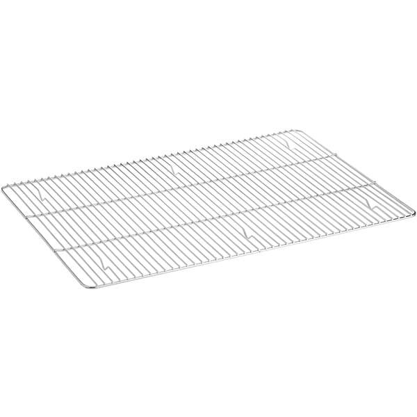 A Baker's Mark stainless steel wire rack with feet and a metal grid.