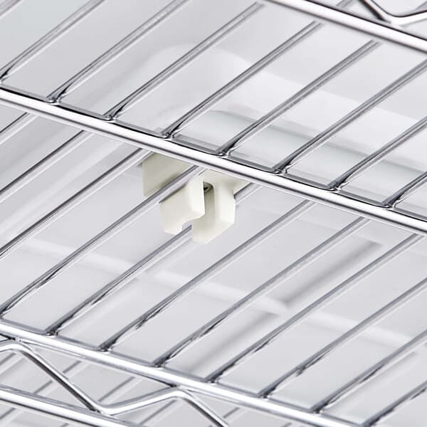 A Baker's Mark white ingredient bin on a metal shelf with a white plastic hook.