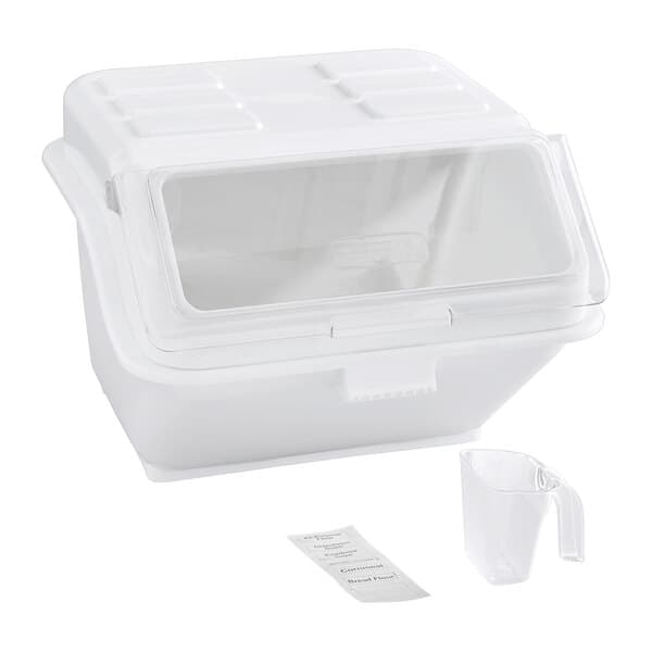 A large white ingredient bin with a clear flip lid, accompanied by a label sheet and a plastic scoop.