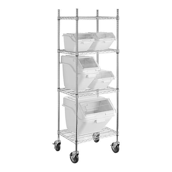 A white metal shelving unit with several white bins on it.