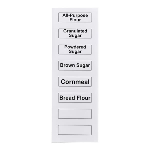 A sheet of rectangular ingredient labels for kitchen storage bins, including labels for flour, sugar, cornmeal, and blank options.