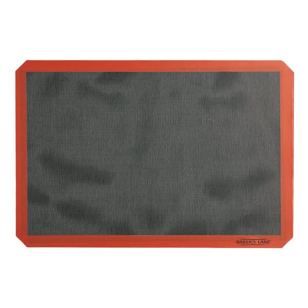 A black and orange rectangular Baker's Lane baking mat with a red border.