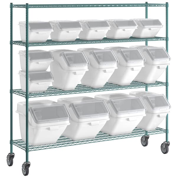 A Baker's Mark epoxy shelving unit with white shelf bins.