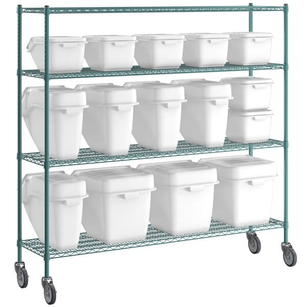A Baker's Mark epoxy shelving unit with white containers on a metal shelf.