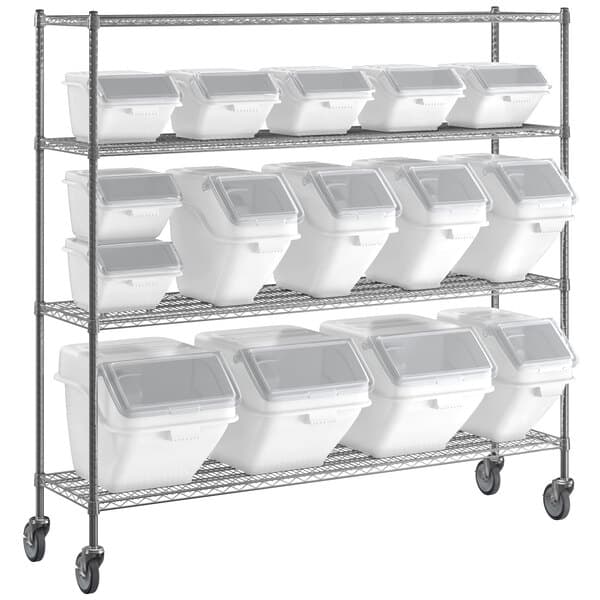 A metal rack with white Baker's Mark bins with clear lids.