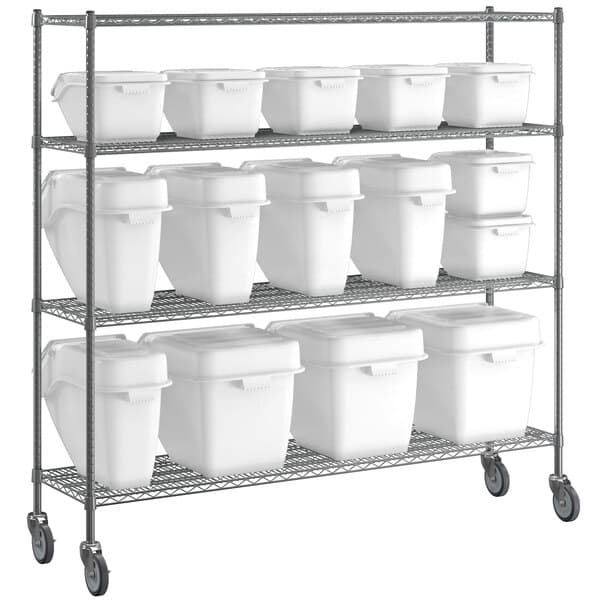 A Baker's Mark metal shelving unit with white plastic containers and lids on metal shelves.