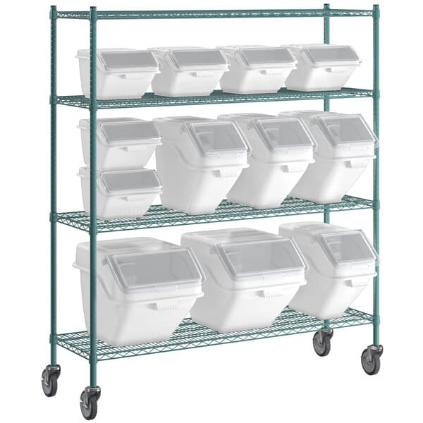 A Baker's Mark white epoxy shelving unit with three white bins.