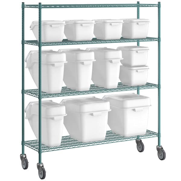 A Baker's Mark white plastic ingredient bin on a metal shelf.