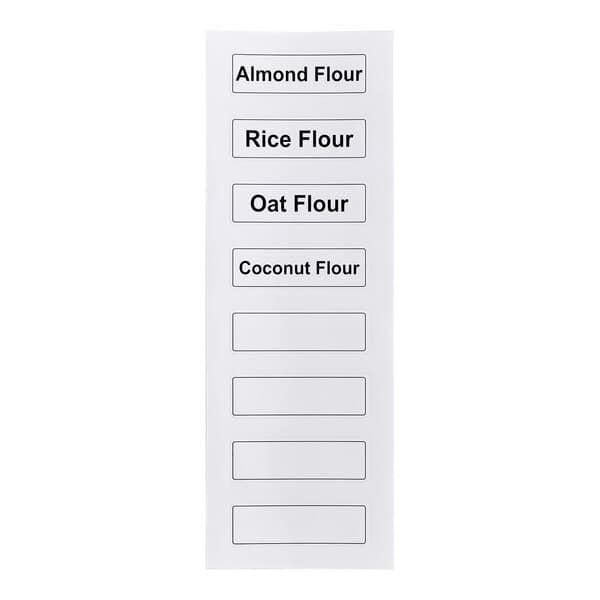 A sheet of Baker's Lane ingredient bin labels for gluten-free ingredients, including almond flour, rice flour, oat flour, and coconut flour.