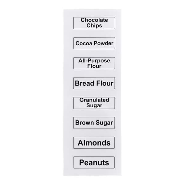 A sheet of Baker's Lane ingredient bin labels for bakery ingredients.