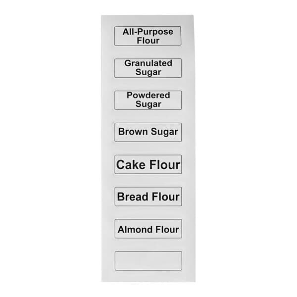 A sheet of Baker's Lane ingredient bin labels for various baking flours and sugars.