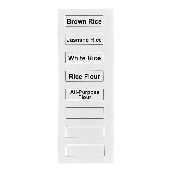 A sheet of Baker's Lane ingredient bin labels for Asian restaurant ingredients, including labels for various types of rice and flour.